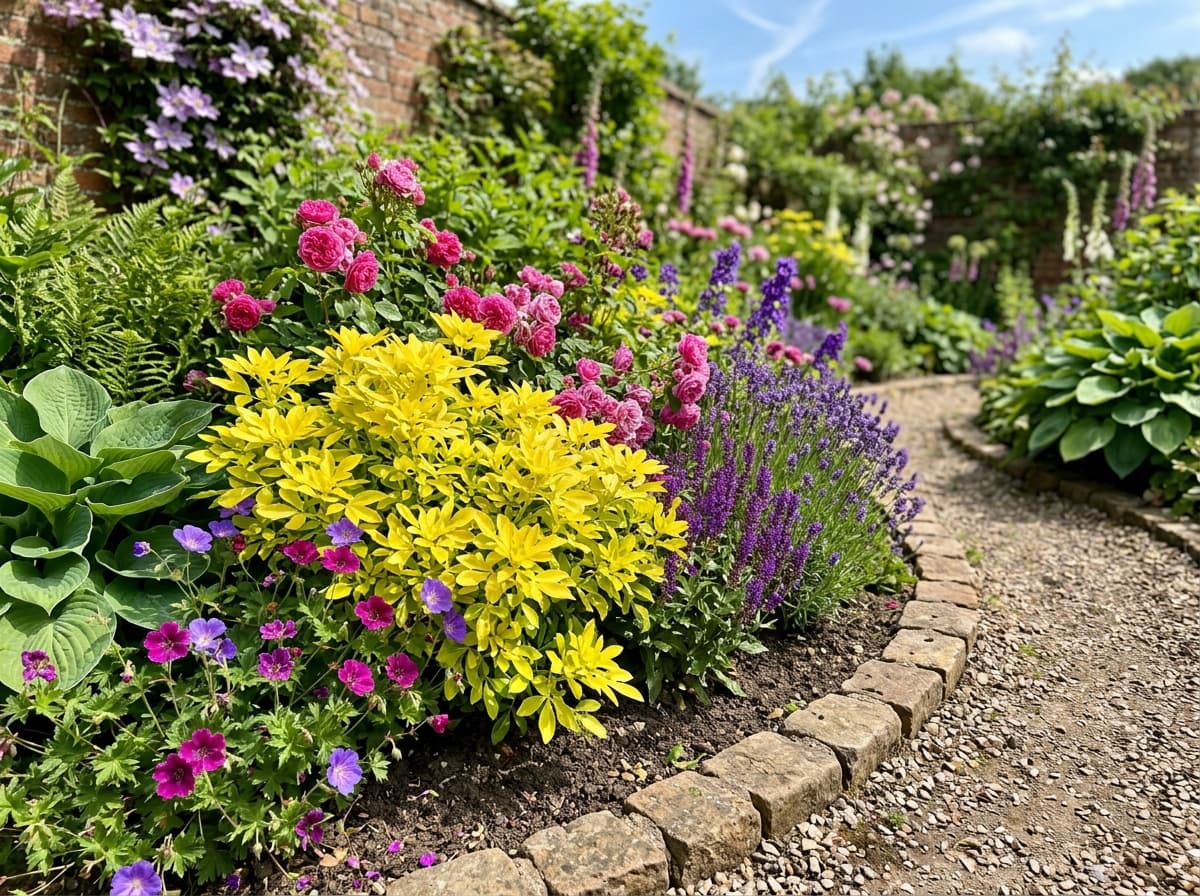Colorful flowerbeds and decorative landscaping